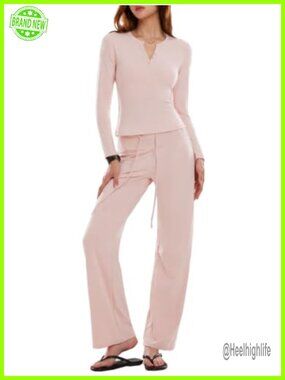 2 Piece Lounge Set Long Sleeve Henley Wide Leg Pants Nylon Spandex